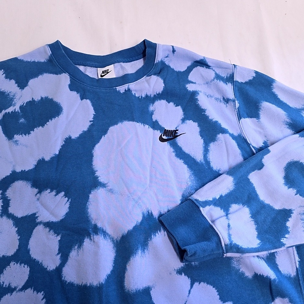 Nike Sweatshirt Womens XXL Blue Tie Dye Cloud Print Crewneck Pullover Logo